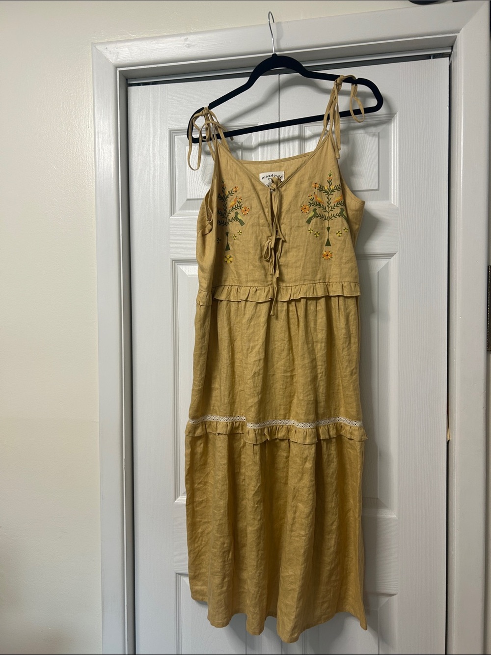 Embroidered Tan Tie-Front Sundress